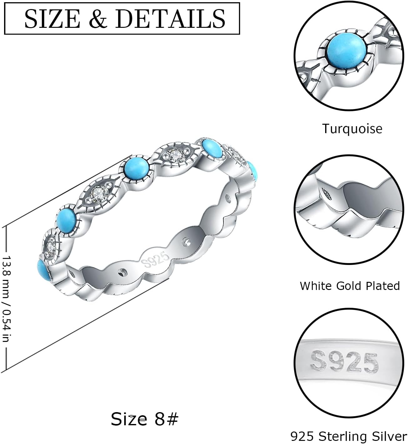 925-Sterling-Silver Turquoise Eterniry Ring for Women - Stackable Band Rings Evil-Eye Jewelry Birthday Mothers Day Gifts for Mom Daughter Wife