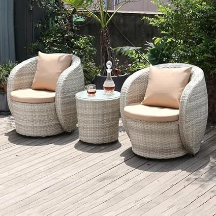 Rattan Wicker Outdoor Patio Conversation Set, 2 Chairs with Cushions, 1 Side Table