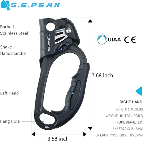 Miniatura 6 de Hand Ascender - Equipo de equipo de rapel fuerte certificado CE con mango de goma ergonómico para arbolistas de árboles trepadores, escalar, rescate