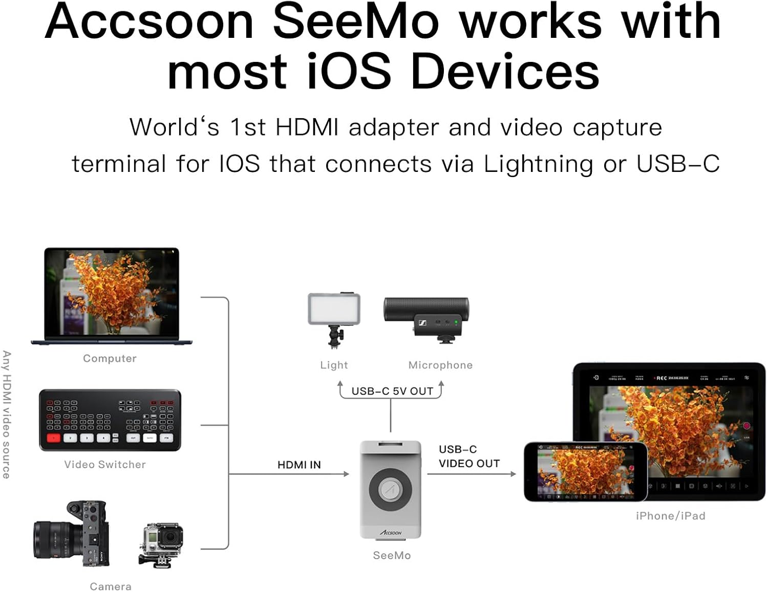 Diagram showing the connection flow from a camera/video switcher to the Accsoon SeeMo, then to an iPhone/iPad, with options for external power to accessories.