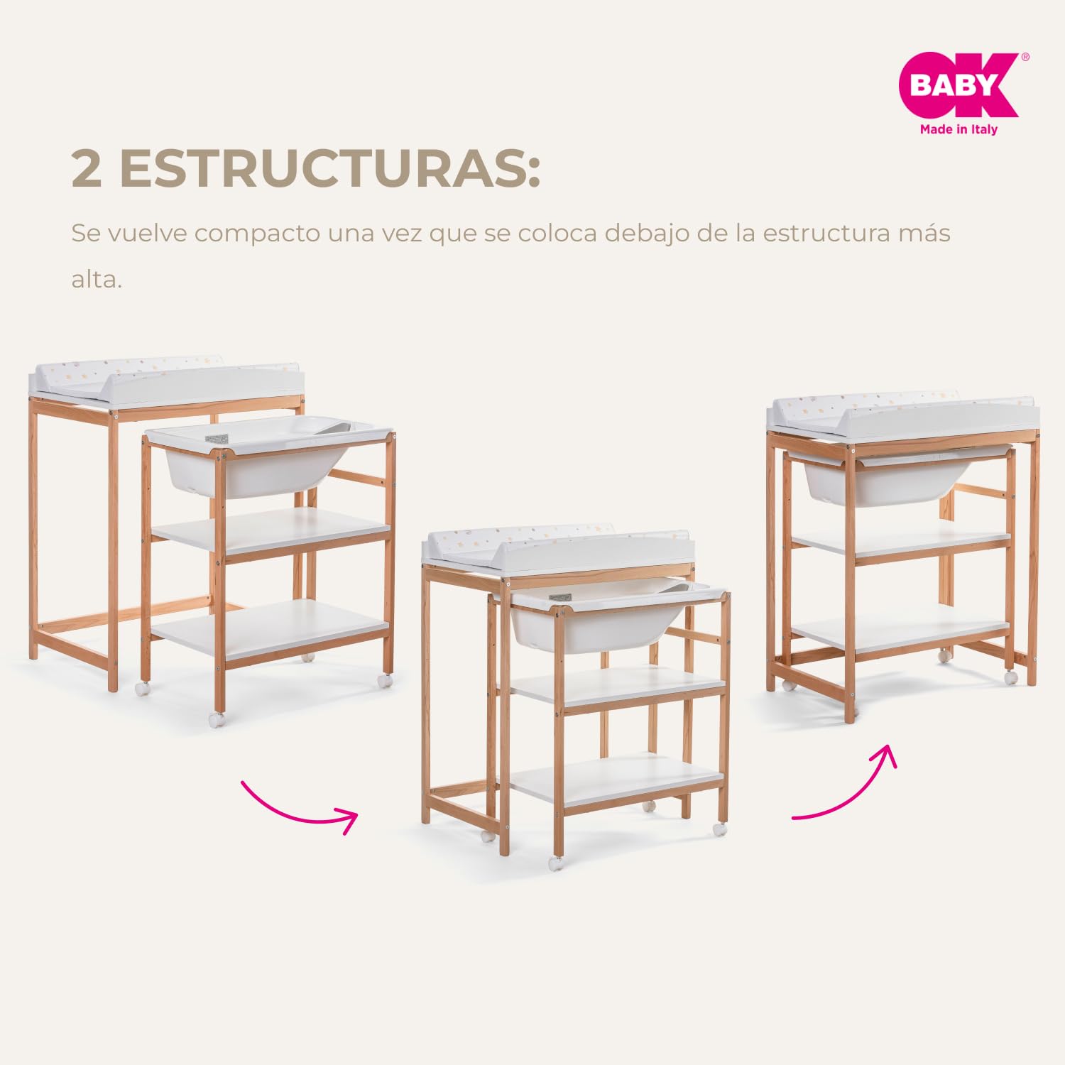 OKBABY Woody - Cambiador de madera con bañera ergonómica y ruedas, completo con cambiador suave para recién nacidos - 0-12 meses (11 kg) - Blanco