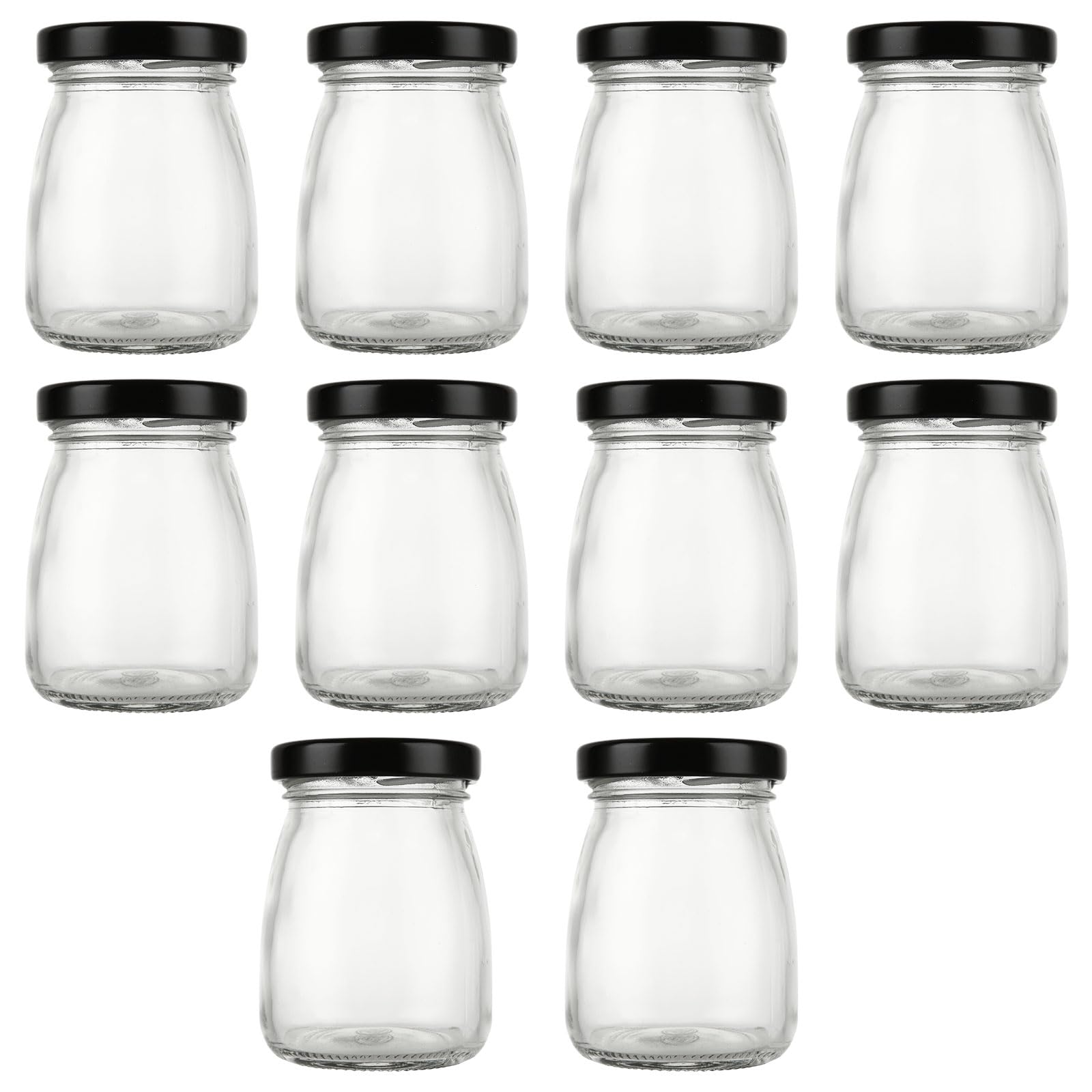 ASelected 10Pcs Clear Glass Bottles With Pretty Black Lids 100 Ml Pudding Yogurt Pots Small Jars for Snacks Candies, DIY Projects