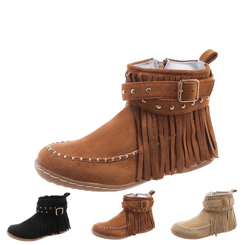 Generic Women's Boots Casual Vintage Side Zipper Fringe Boots,Lightweight Comfy Suede High Top Round Toe Hippie Moccasin Short Booties