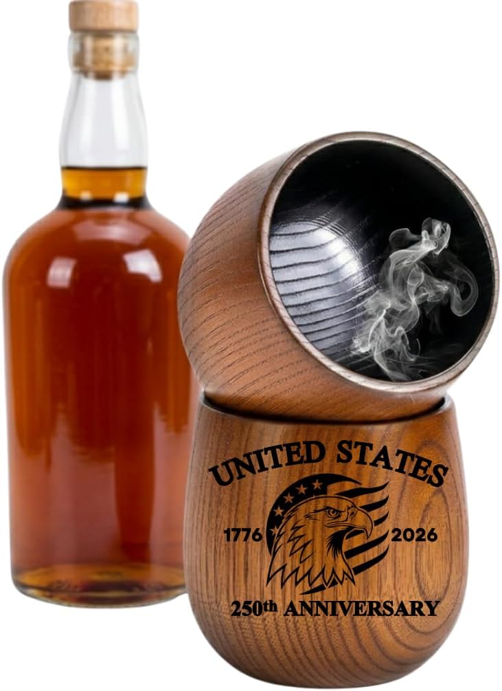America at 250 Semiquincentennial Gift, Charred Wooden Whiskey Glass, July 4th Keepsake, America 250th Anniversary, 1776–2026 Patriotic Gift, Wooden Bourbon Cup (Set (2 Cups))