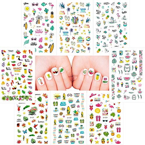 Hawaii Summer Nail Art Stickers Set 250+ Designs For Women Girls Kids, Viwieu Tropical 3D Fake Nail Decals Self-Adhesive Flamingo Cactus Beach Fruits Palm Tree For Holiday Gift Diy Manicure 8 Pack #TOP5