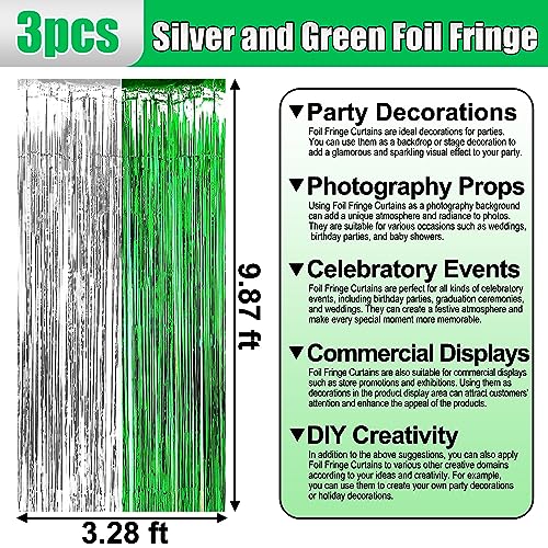 Image of 3 Pack Silver Green Foil Fringe Curtain Backdrop, 3.28Ft x 9.8Ft Metallic Tinsel Foil Fringe Streamer Curtains for Photo Booth, Christmas Day, Thanksgiving, Wedding, New Year Party Decorations