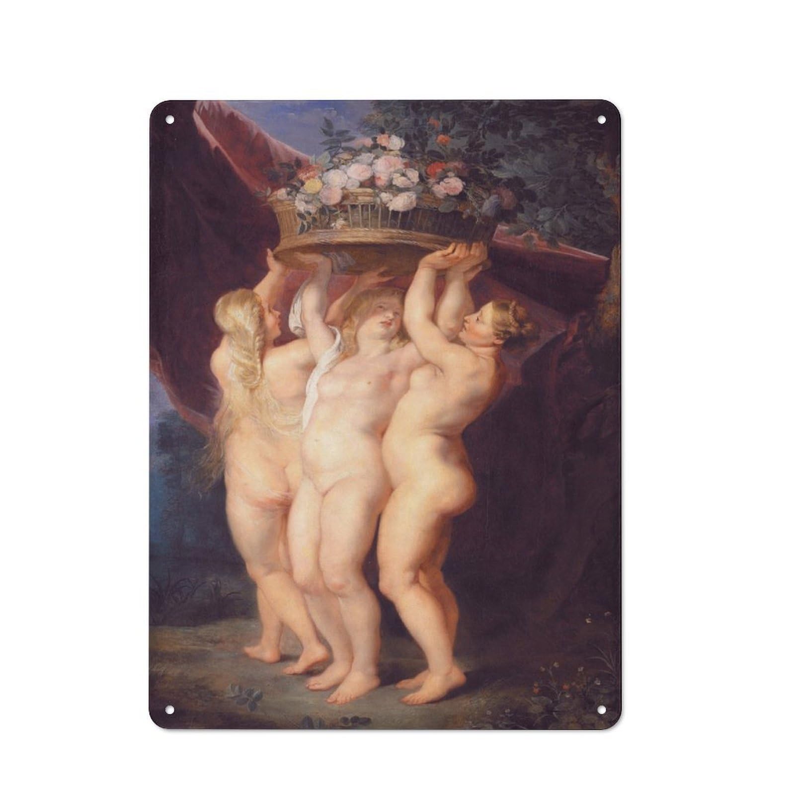 Three Ladies with Flowers Creative Metal Wall Decor 40x30cm, Metal Desk Wall Sign for Hobby Room, Office, Lounge Or Living Room