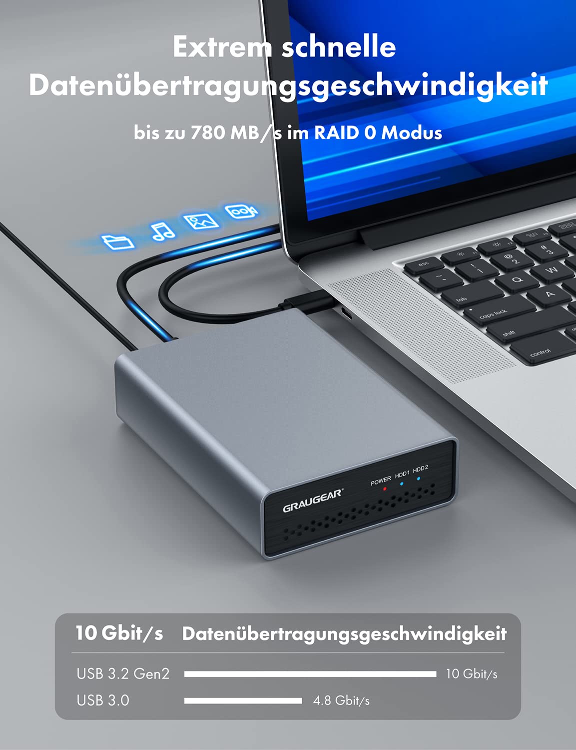 GRAUGEAR | Boîtier Raid Externe | 2 x 2,5" SATA SSD/HDD | Type-C® USB 3.2 Gen2 (10Gb/s) | Raid 0, RAID1, Single, Large | USB-C | USB-A | Aluminium | Bloc d'alimentation | G-25RD2-AC-10G