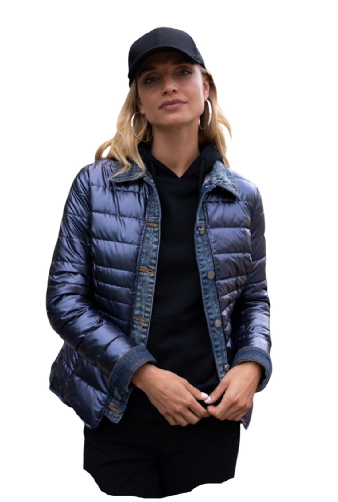 Miro Boho Chic New York 88 Veste matelassée pour femme bi-matière Denim et métallisé