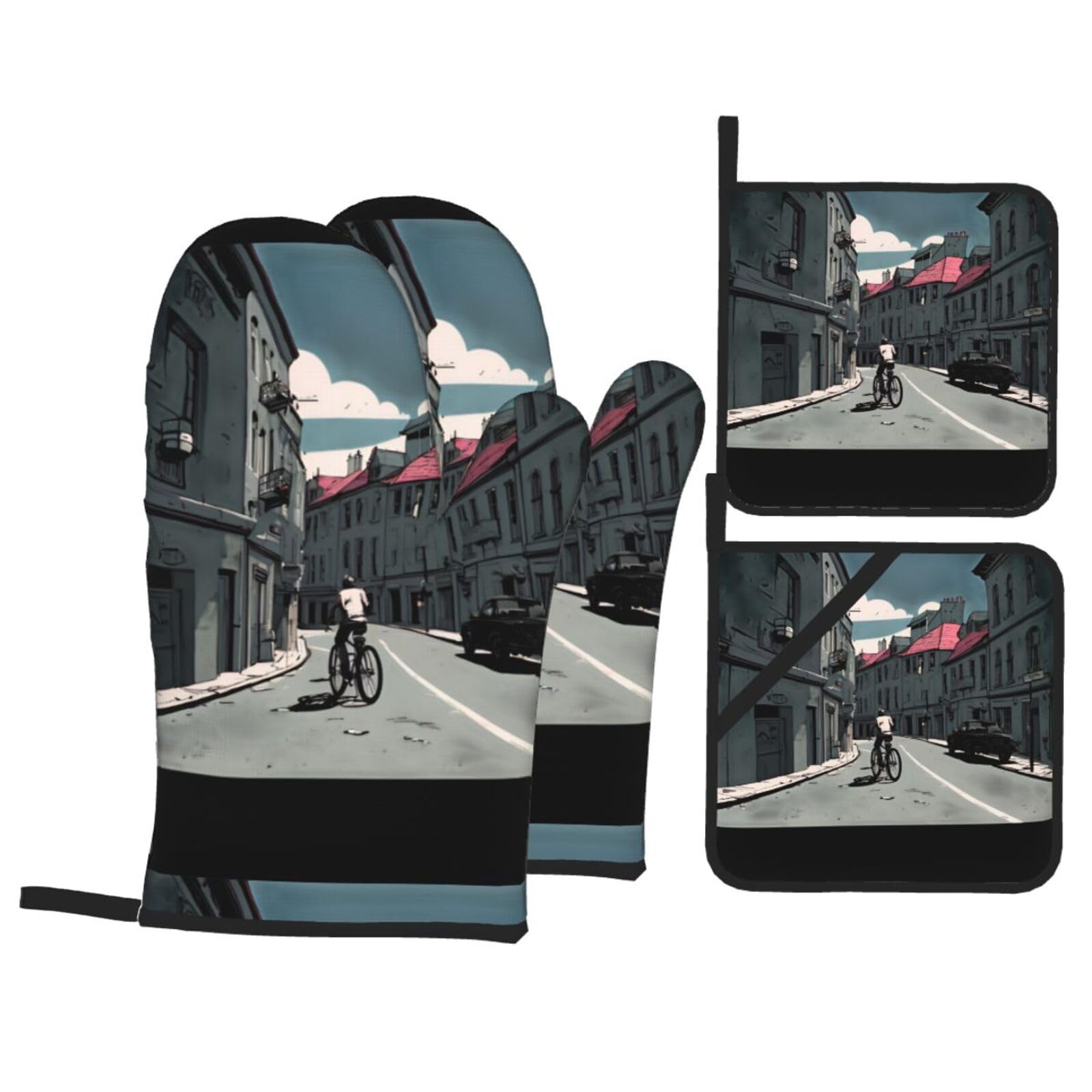 YYHWHJDE Urban Architecture Printed Kitchen Baking Set of 4 Thick Insulated Oven Mitt & Pot Holders, Anti-Scalding for Microwave, Oven, Outdoor BBQ