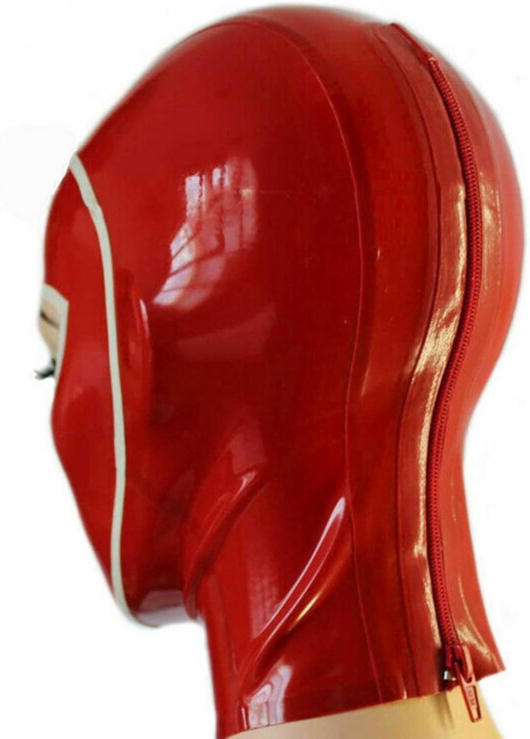 Latex Hood Handmade Riding Mask Back Zipper with White Trim Rubber Mask with Eye and Mouth Hole Unisex