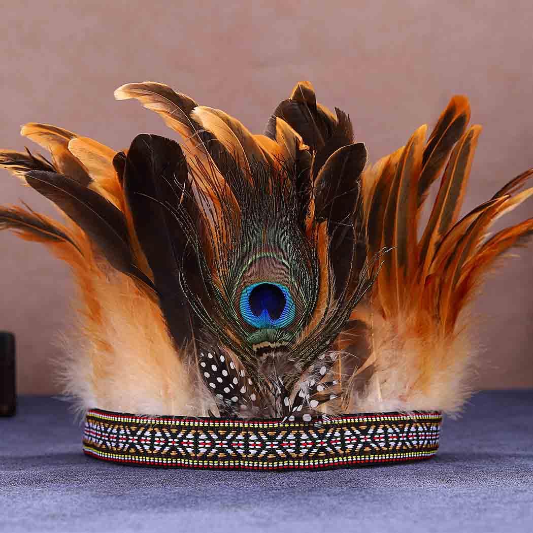 GORTIN Indian Headdress Peacock Feather Headband Native American Headpiece Carnival Costume Hair Accessories for Women (Brown, Free size) - Image 2