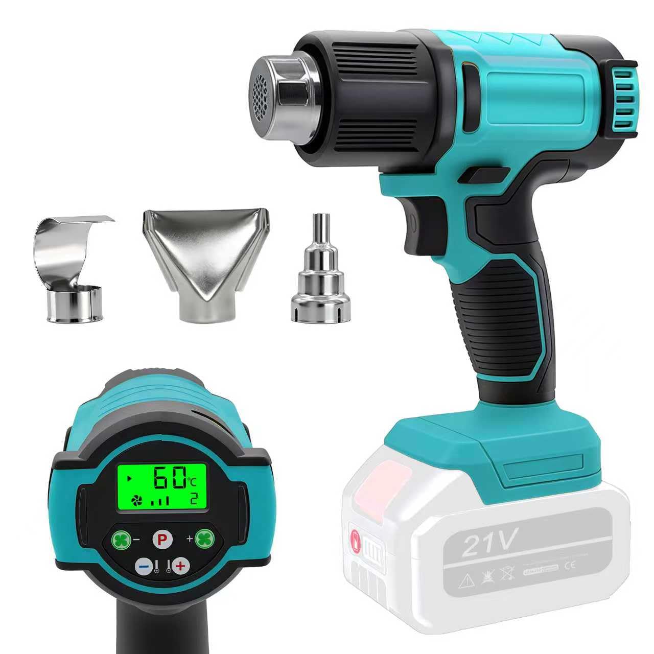Écran LCD Décapeur Thermique Sans Fil Compatible 18V (Sans Batterie), 4 Vitesses Pistolet à Air Chaud avec Température Réglable 60-540 ℃, 3 Buses Incluses pour Soudure, Cintrage de Tuyau