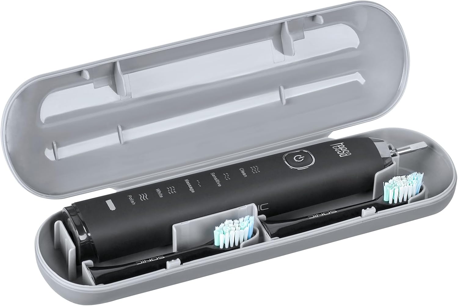 Teesa Sonic Black TSA8015 Electric Toothbrush and two brush heads stored in its grey travel case.