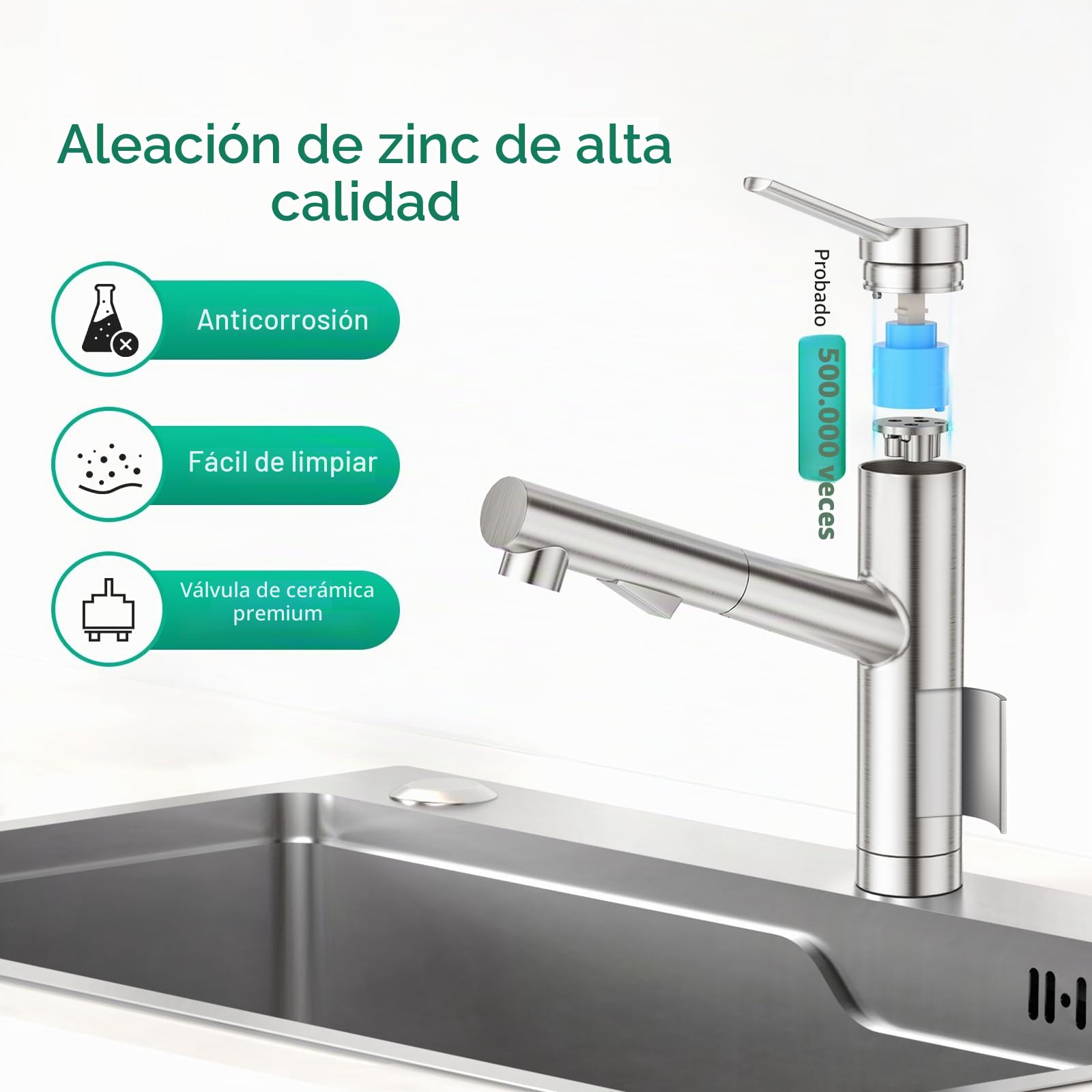 CREA Grifo Cocina Extraible, Grifo de Cocina con 2 Modos de Ducha, Grifo para Fregadero Giratorio a 120°, Grifo Mezclador Cocina con Ducha Extraíble,Acero inoxidable