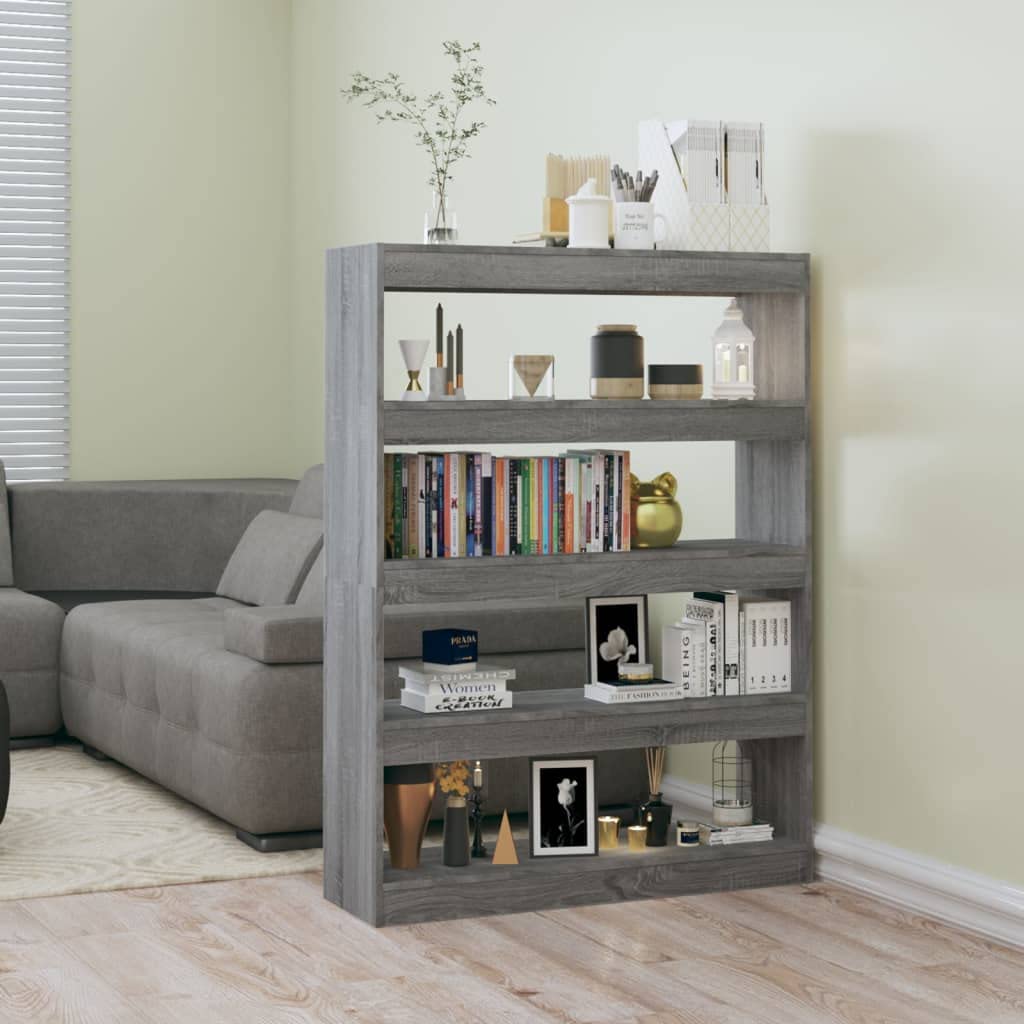 Estantería gris Sonoma, 100 x 30 x 135 cm, material de madera, versátil separador de habitaciones con 4 estantes, estable para libros, DVD y artículos decorativos, fácil limpieza
