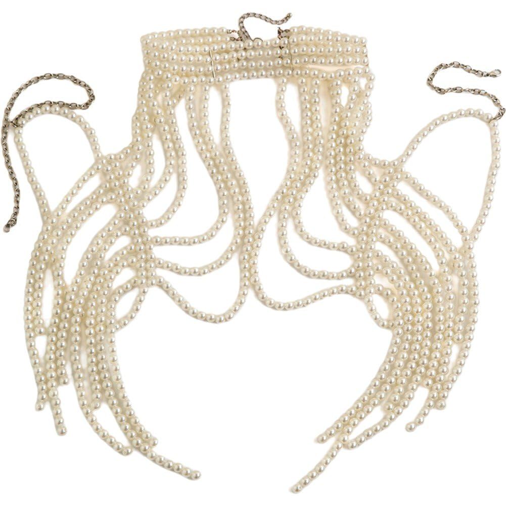 Sanfly Pearl Tassel Shoulder Chain, Women Pearl Body Chain Pearl Beaded Layered Necklace Body Chain for Evening Dress