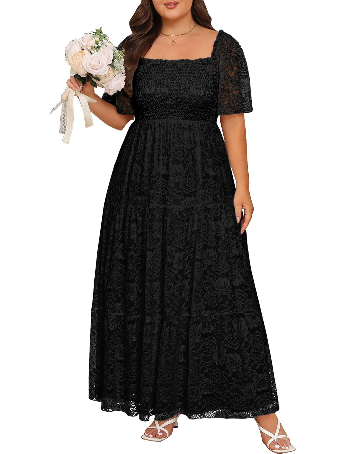 Plus Size Wedding Dress Bride Boho Lace Square Neck Long Maxi Dresses