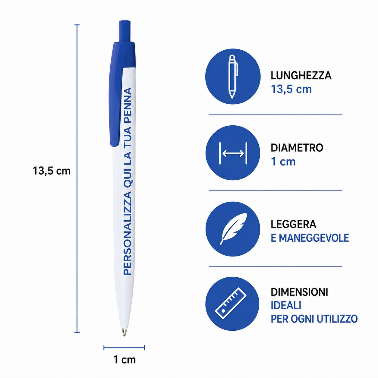 Penna Personalizzata con Logo, Nome o Testo | Penna a Sfera Personalizzabile con Stampa UV a Colori | Gadget Aziendale per Ufficio, Eventi, Fiere, Scuole e Regali Personalizzati (1000, Blu)