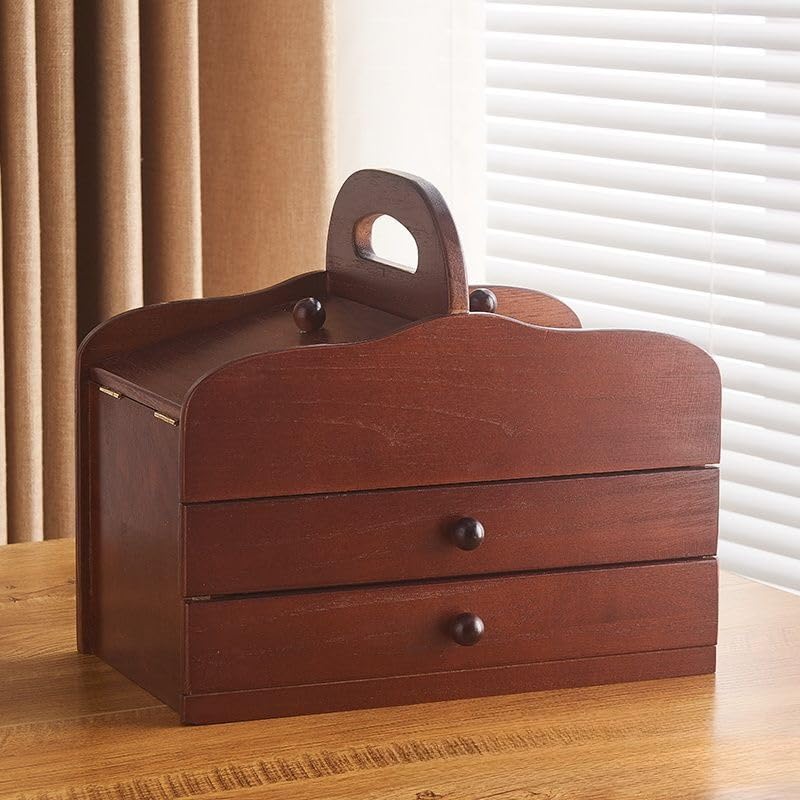Costurero de Madera con Compartimentos, 30 x 18 x 17,5 cm, portátil, con Acabado de Madera, Ideal para organizar Manualidades y sastrería.