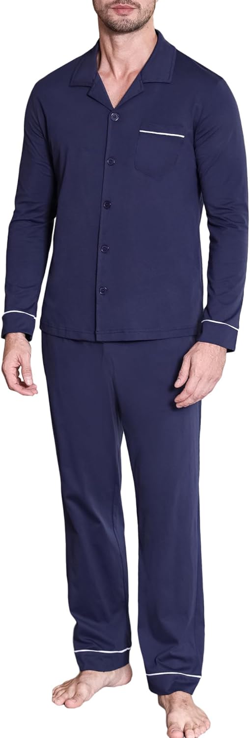 Winovia Herren Schlafanzug Lang Baumwolle Pyjama Zweiteiliger Nightwear Set Sleepwear Nachtwäsche mit Klassischem Design, V-Ausschnitt und Knopfleiste