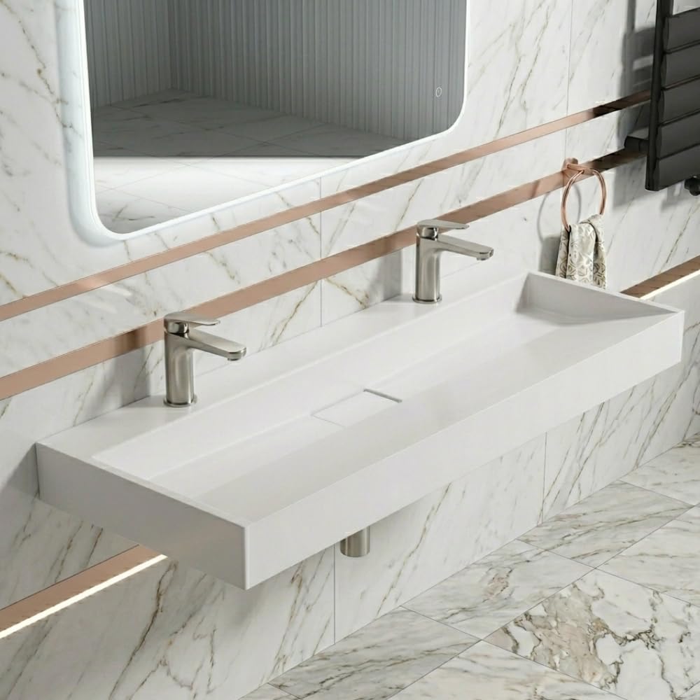 Db Durovin Bathrooms Two Tap Hole Durovin Bathrooms Luxurious Cast Stone Resin Bathroom Basin - Wall Hung Or Countertop Basin Sink - Concealed Waste - 1200 X 460Mm (Wxd)