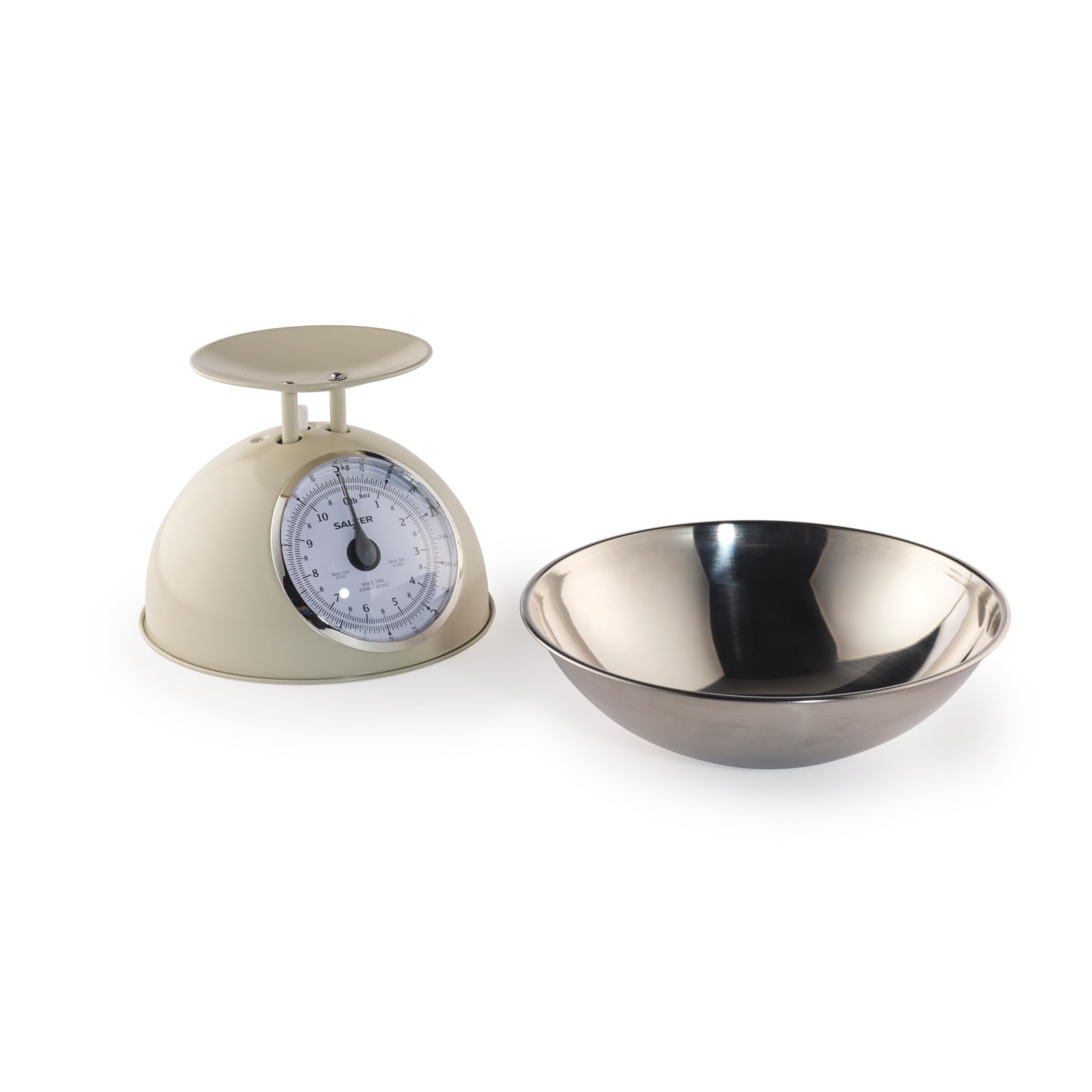 Salter Timeless Balanza de Cocina Mecánica – Bol Seguro para Lavavajillas de 2L, Esferas Fáciles de Leer, Dígitos Grandes, Sin Pilas, Diseño Retro, Capacidad de 5kg, Pesar Ingredientes, Crema