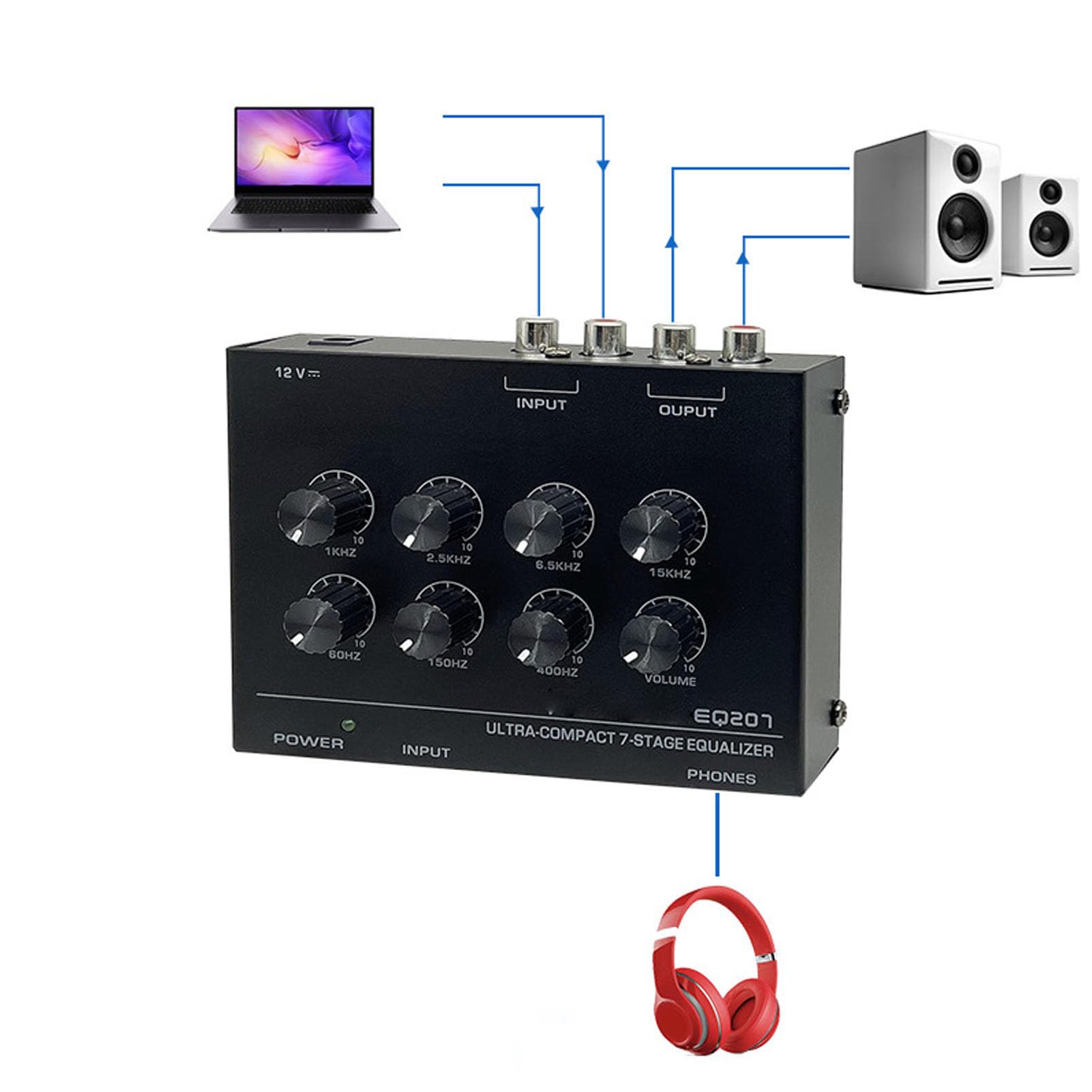 Topiky 7-Band-Sound-Equalizer, 2-Kanal-Digital-Sound-Equalizer mit 3,5-mm-Kopfhöreranschluss, für die Höhen- und Bassanpassung Im Heimauto (EU)