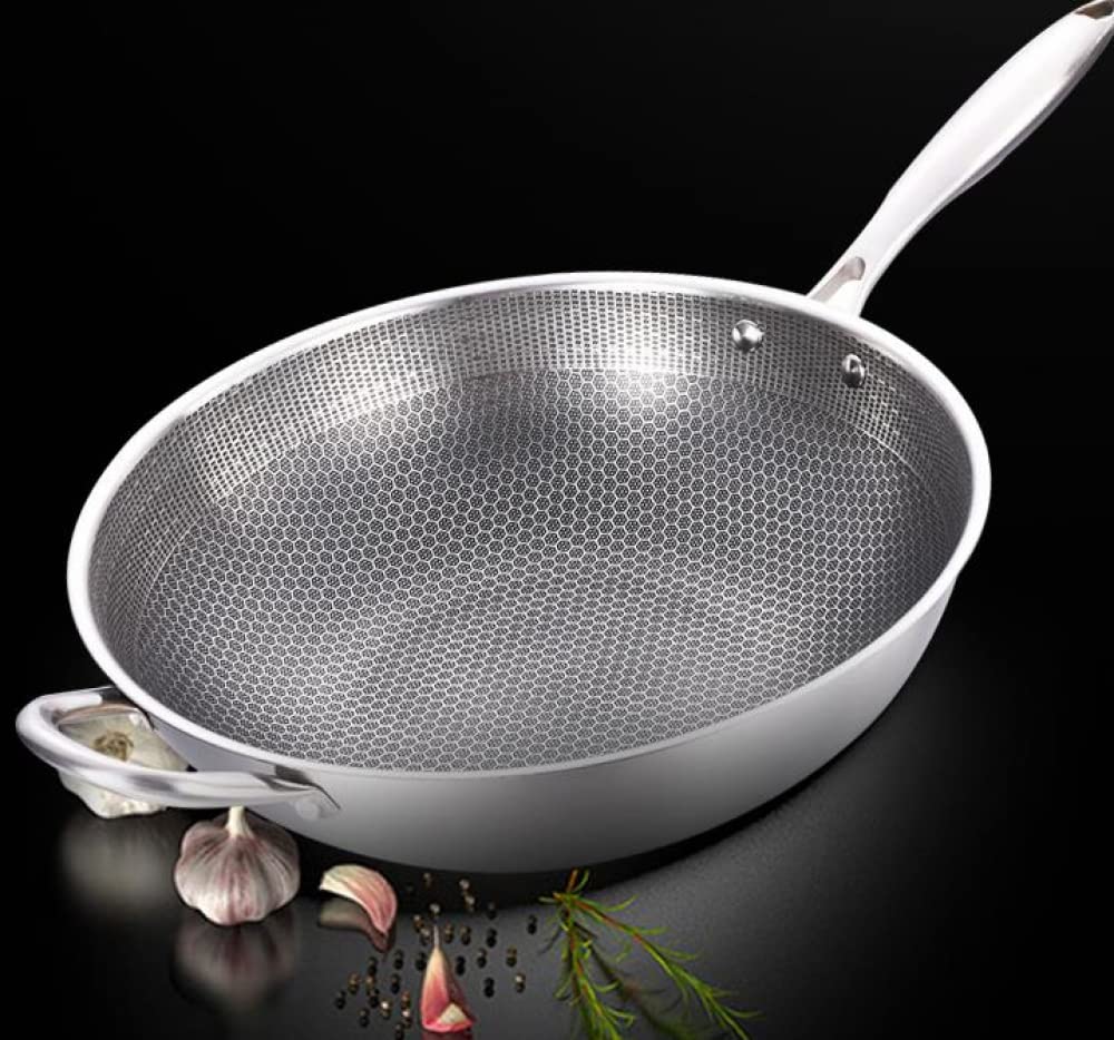 wok, Patelnia Wok ze stali nierdzewnej z powłoką zapobiegającą przywieraniu, patelnia, kuchenka gazowa i indukcyjna, narzędzie kuchenne(34cm)