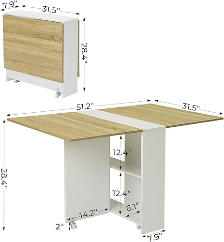 Miniatura 10 de Tiptiper Mesa de comedor plegable con 6 ruedas, mesa de cocina plegable con estante de almacenamiento de 2 capas, mesa de comedor que ahorra espacio
