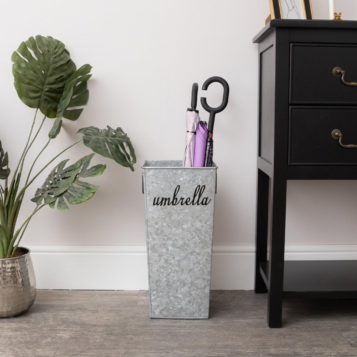 Melody Maison Large Silver Galvanised Umbrella stand With Black Text