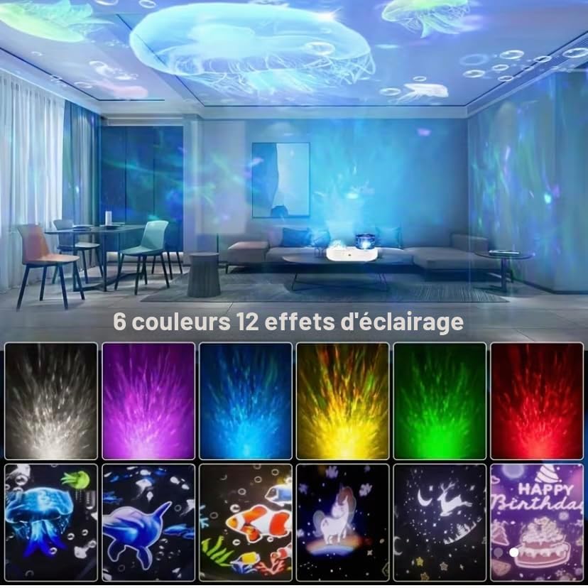 Elloé Veilleuse Projecteur Océan Étoilé Veilleuse avec 12 Effets d'Eclairage 6 Films de Projection Multiples Thèmes Dauphins, Poisson-Clown, Licornes et Anniversaire