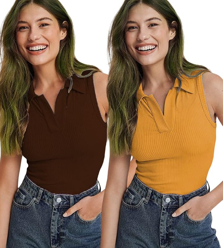 Meyara Ribbed Polo Collared Spaghetti Full Length Tops for Women |Regular Fit Sleeveless Top for Women | Casual and Trendy Design Top for Women and Girls - Combo Pack (Brown)-picture-29