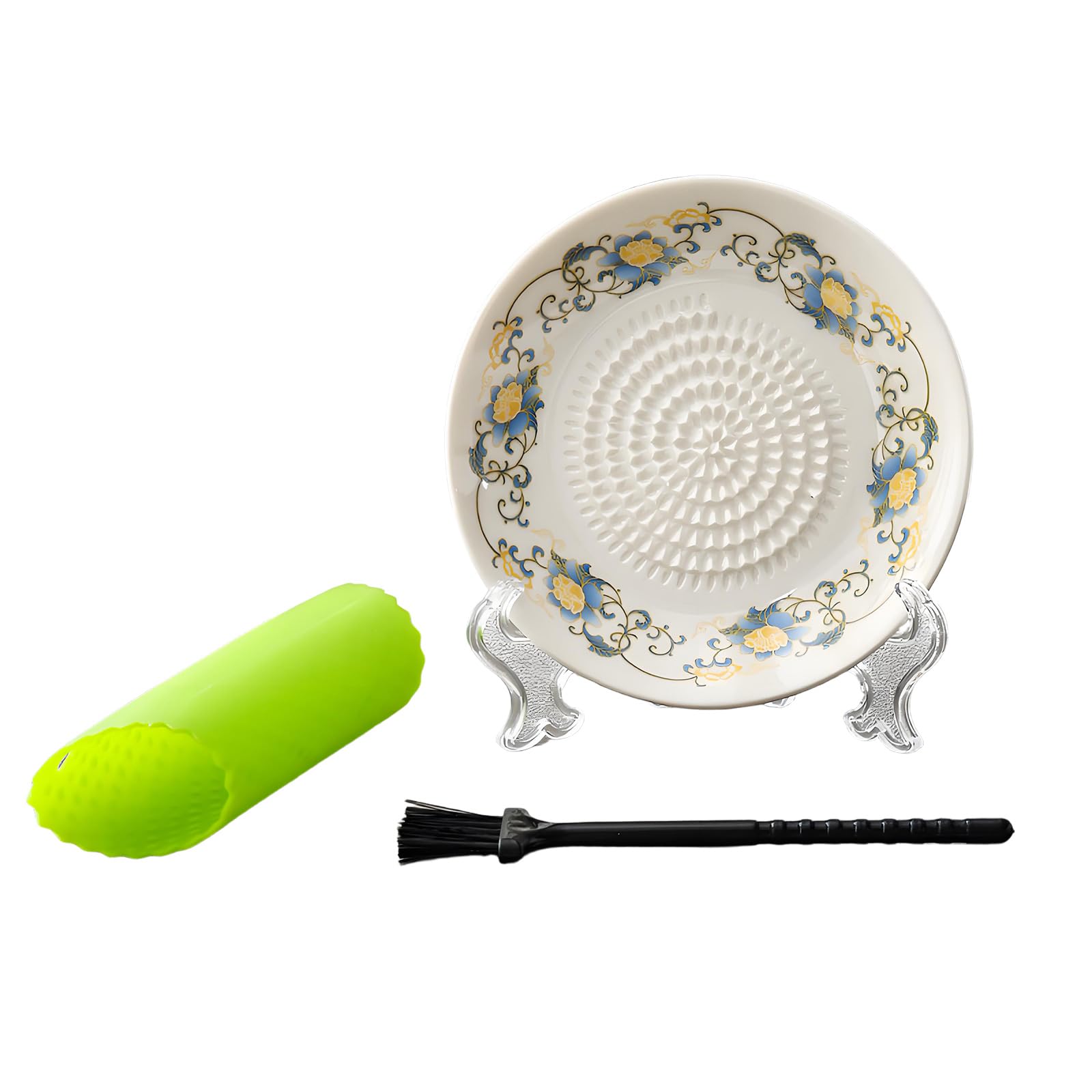 MALSSE Ceramic Garlic and Gingers Crusher Plate with Peeler and Brush Set Fruit Mashers Grinder Grater for Easy Kitchen Tasks Garlic Mincer