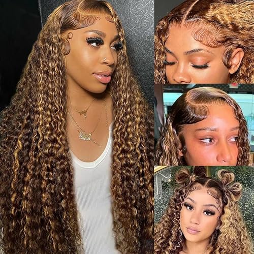 Image of LAINSS 13x6 Highlight Lace Front Wig Human Hair 4 /27 Ombre Deep Wave Lace Front Wigs Pre Plucked with Baby Hair 210% Density Highlight Curly Glueless Wigs 34 Inch