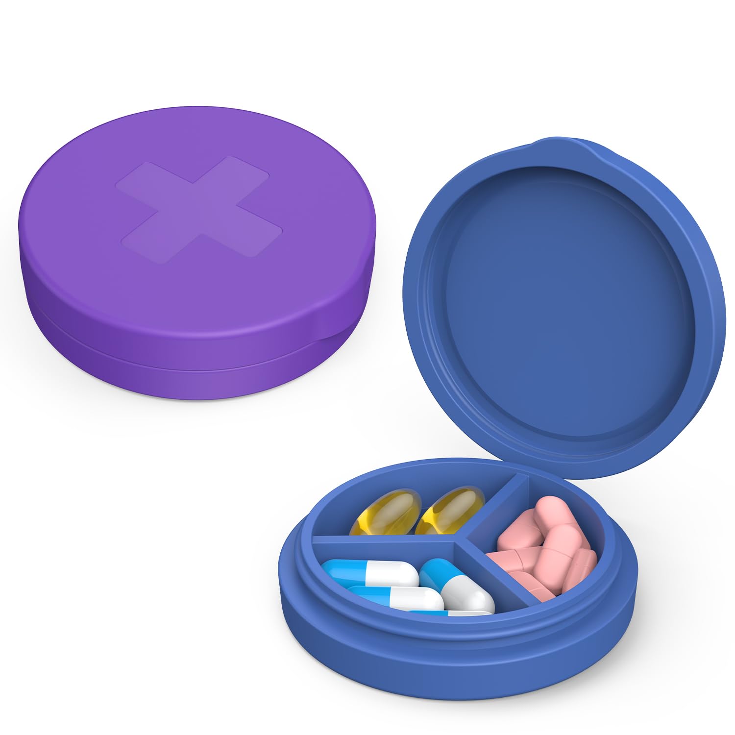 Photo 1 of 2 Pack Small Pill Box,Premium Thick Silicone 3 Compartment Travel Pill Box for Home/Desk Organizer, Portable Compact Medicine Holder for Vitamin, Cod Liver Oil, Supplement(Purple+Blue)
