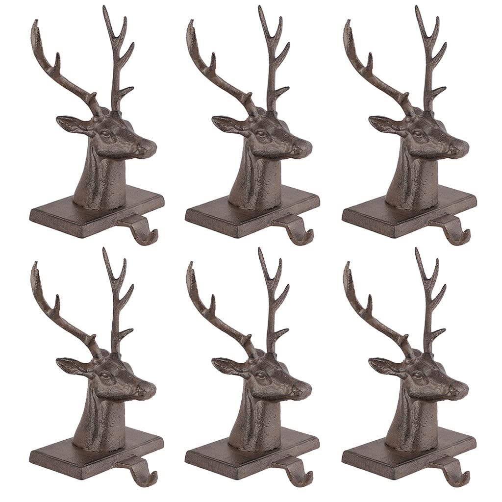 Dibor 6 Cast Iron Brown Reindeer Bust Christmas Stocking Holder Hanging Hooks - 1.4kg Recycled Metal Xmas Stocking Holder
