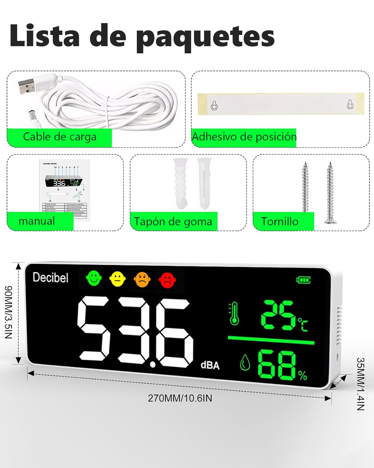 Digital Medidor de Decibelios, 3In1 Sonómetro 30-130dB (±1.5dB), Medidor Nivel Sonido con Temperatura y Humedad, Volumen Ruido Tester Pantalla LCD 11" para Hogar, Habitación del Bebé, Biblioteca