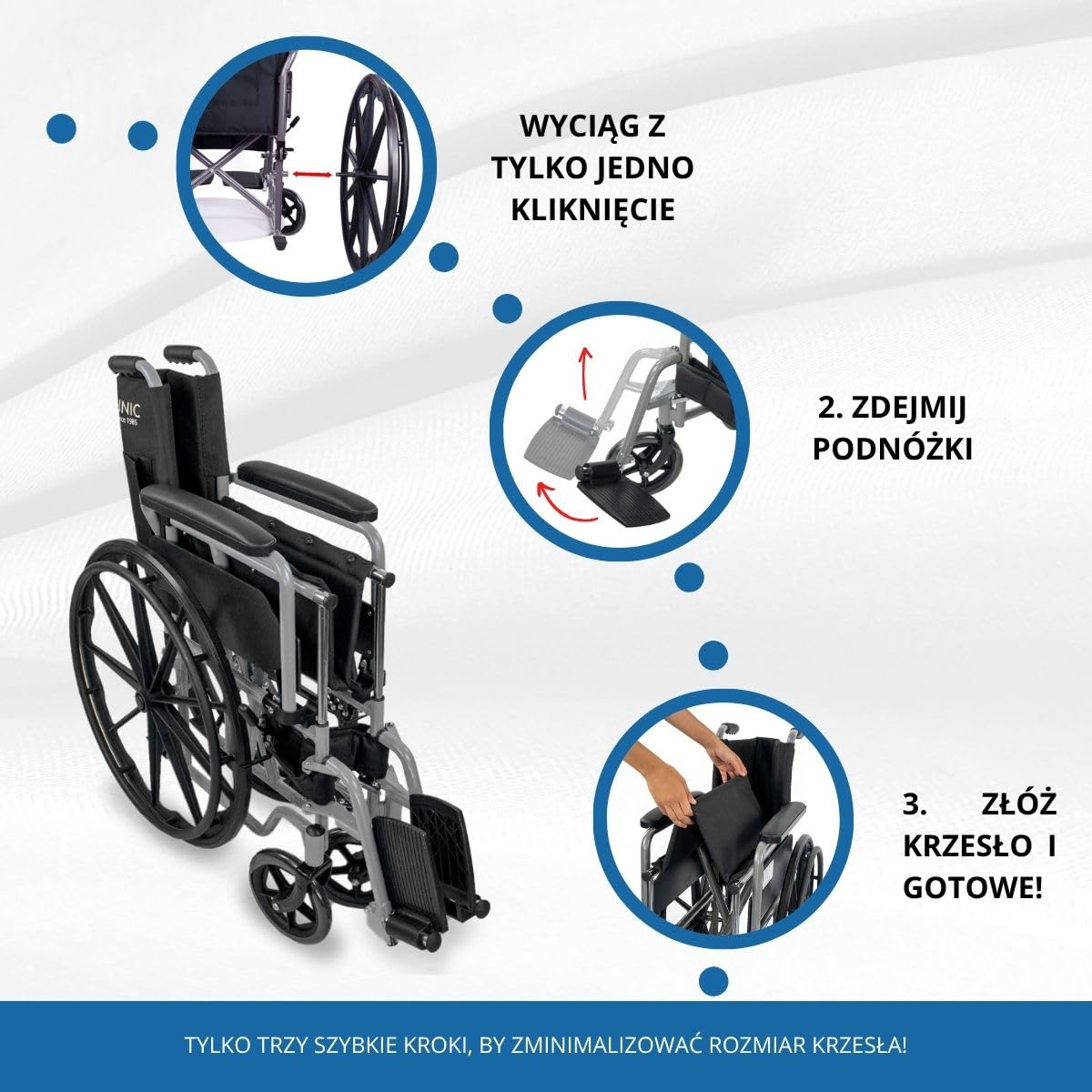 Mobiclinic®, Składany wózek inwalidzki, Marsella, Kółka z możliwością szybkiego zwolnienia po naciśęciu przycisku, Stabilny, Siedzisko 46 cm, Dźwignia hamulca, Srebrny