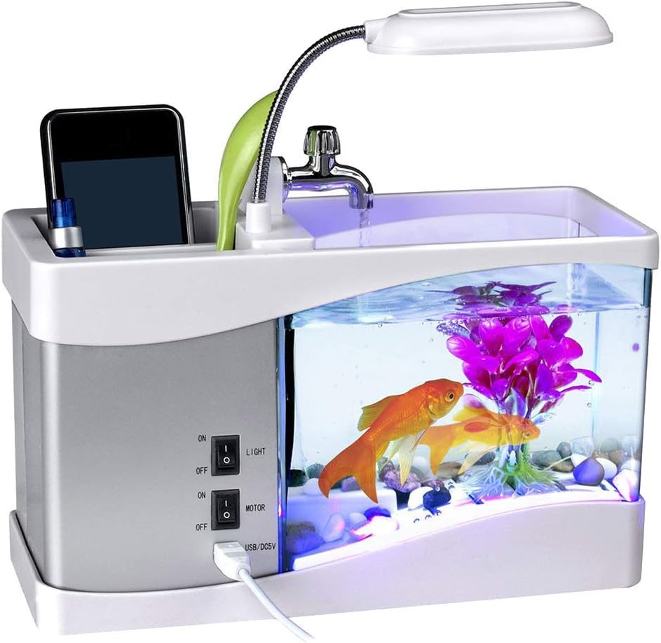 USB Desktop Mini Fish Tank Aquarium Led Lamp Light Lcd Screen Clock For Home Office Tranquil Nature Sounds, Fish Tank Ornaments