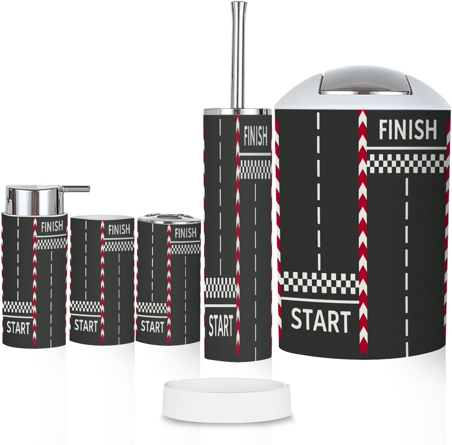 Bathroom Accessory Set 6PCS Rally Races Track Road Marking Car Karting Sport Road Trash Can, Soap Dispenser, Toothbrush Holder, Toothbrush Cup, Toilet Brush Holder, Soap Dish for Gifts