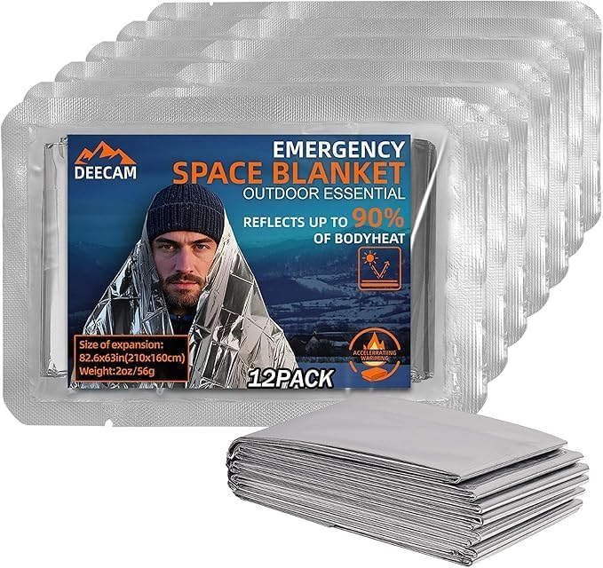 Deecam Emergency Foil Blanket, 12 Pack Survival Emergency Blanket, Mylar Thermal Foil Blankets for Body Warmth, Outdoor, Hiking, Camping & Travel Emergency Gear