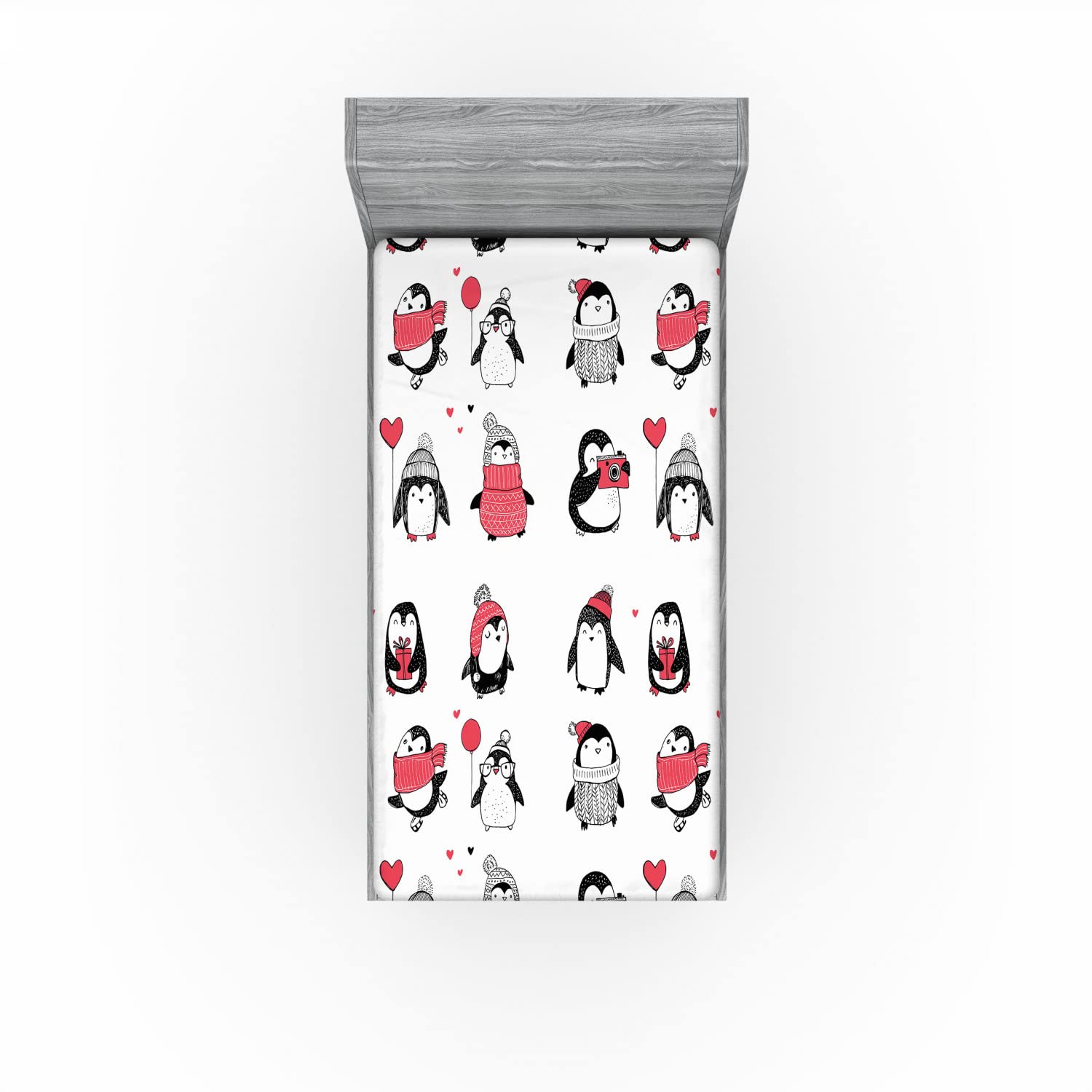 Ambesonne Winter 2 Pack Fitted Sheet, Penguins Merry Xmas, Bed Cover All-Round Elastic Deep Pockets 2 Pieces, Package Contains 2 Twin Size Fitted Sheets, Ivory Pink