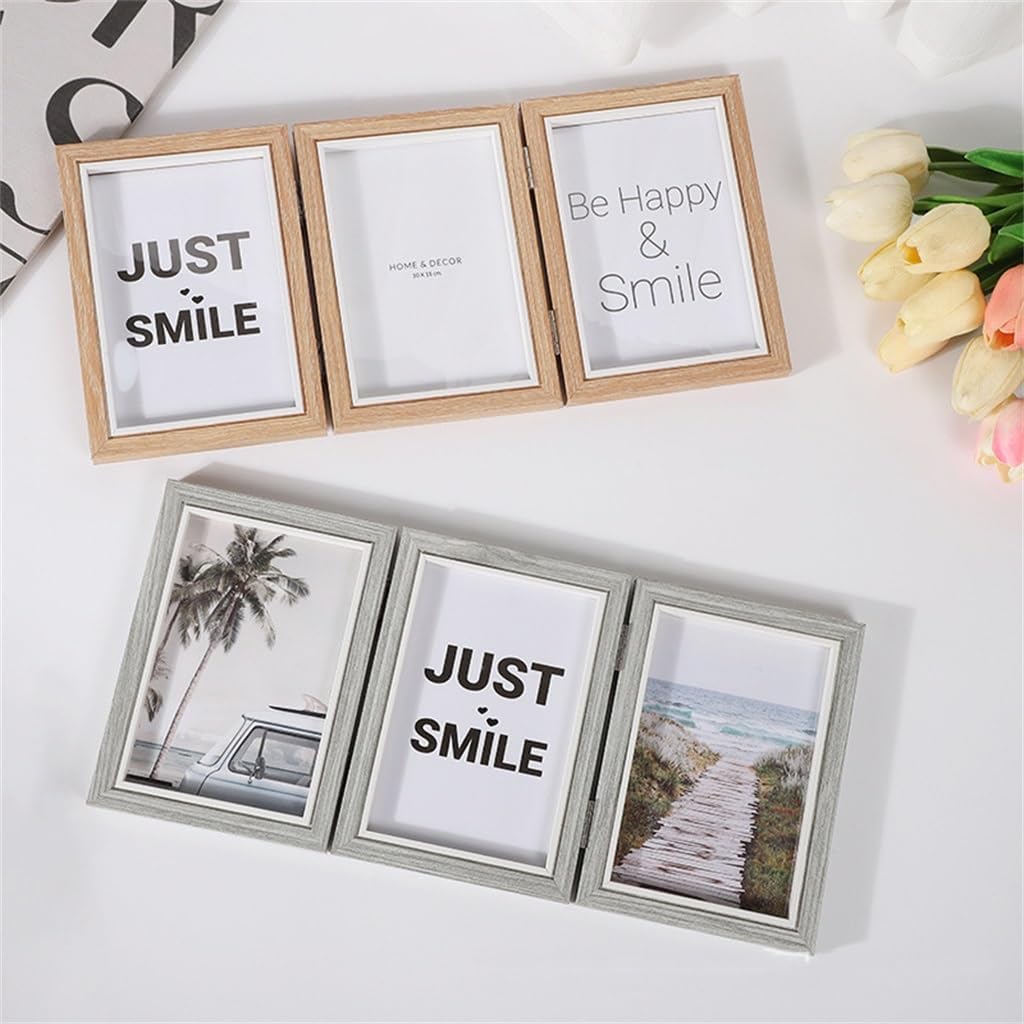 Hinged Photo Frame with 3 Openings, 4x6 Inch High Definition Tri-fold Desk Top Family Picture Collage for Birthday Festival Family Lover Gift, 2 Pieces(Retro Blue)