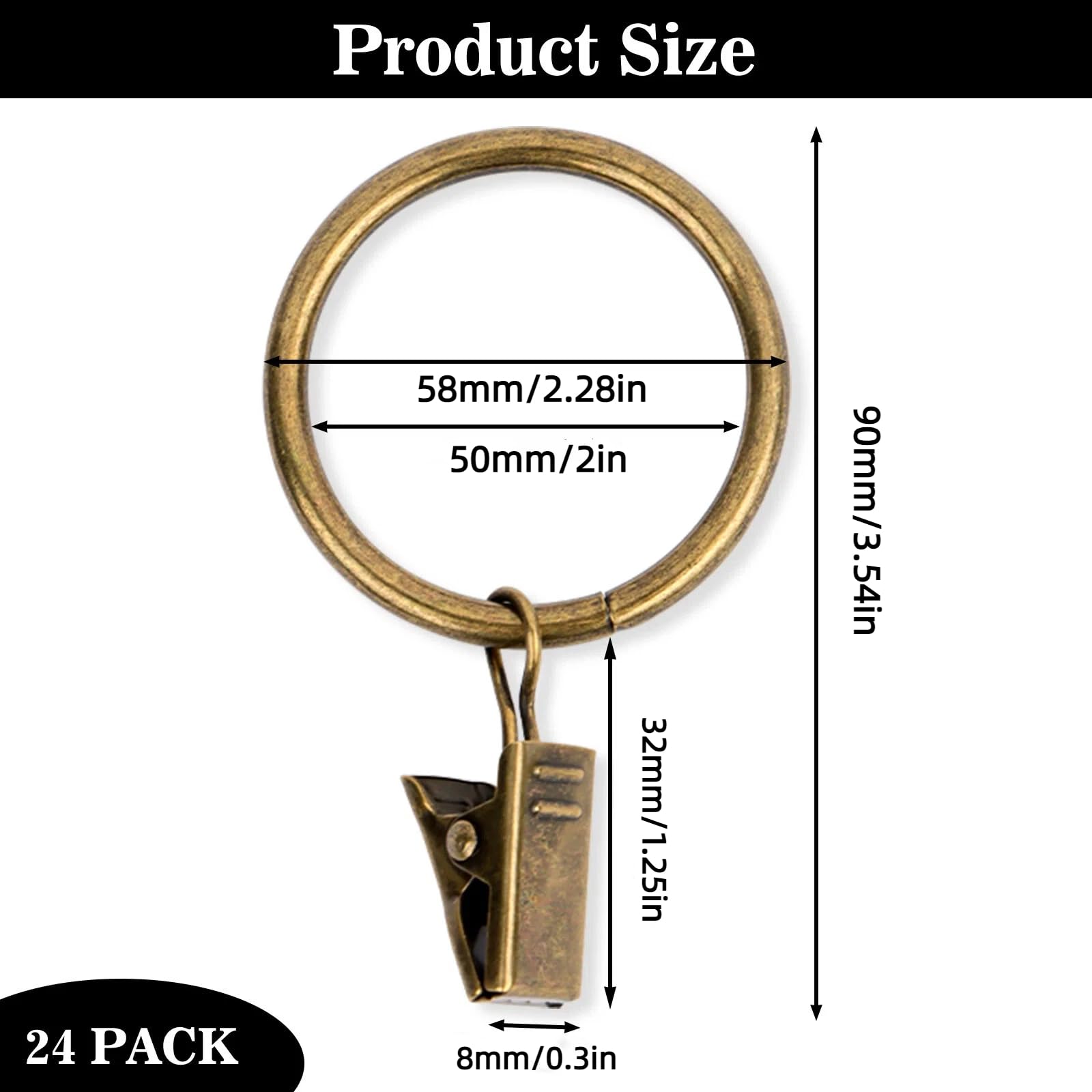 Confezione da 24 anelli per tende con clip, in metallo resistente, color bronzo, con ganci, anelli per tende in ottone, diametro interno 50 mm, per finestre, porte e doccia