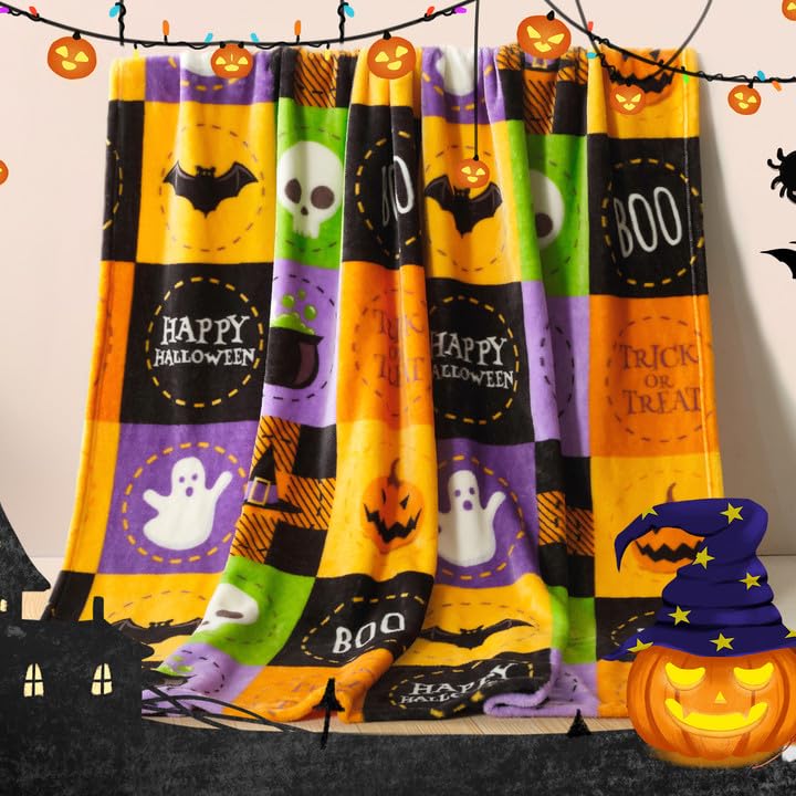 ROMROL Halloween Fleece Throw Blanket, Bat, Ghost Fall Plaid Blanket, Soft Fuzzy Plush for Couch Sofa or Bed, Luxury Flannel Lap Blanket, for Kids, Adults, Wife, Self (50" x 60")