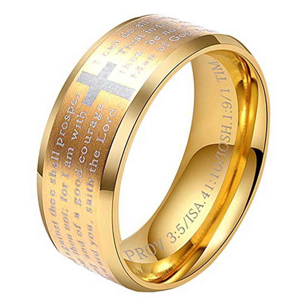 JINSHIYINYU Men's Stainless Steel Bible Verse Lord's Prayer Cross God Ring 3 Colors(Black/Gold/Silver)