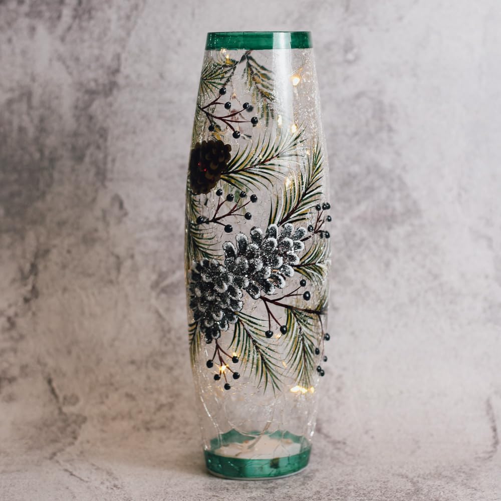 A Cheerful Giver - Pinecone - LED Glass Vase - 3.75" x 12" - Winter Decor