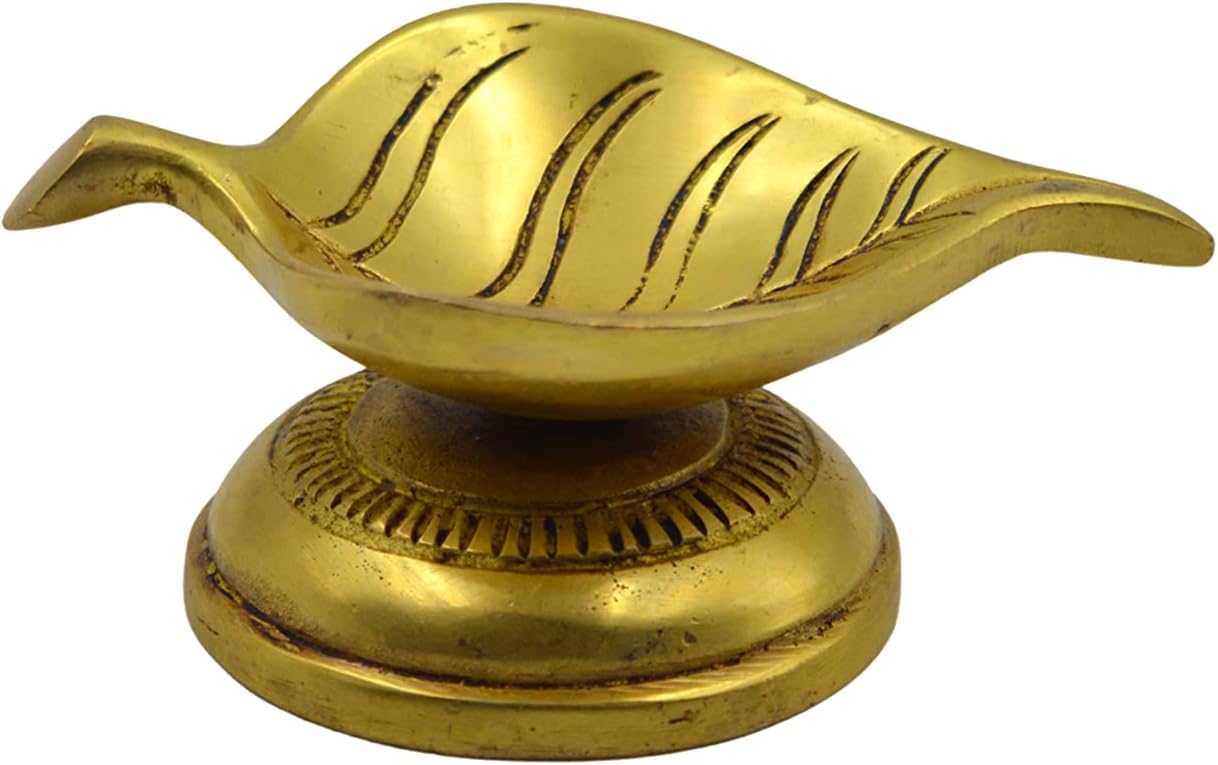 Brass Pan Shape Round Diya/Deepak/Divi for Pooja Puja Mandir Office Temple Home Decor Handicraft Showpiece - Yellow, 2.2 x 3.8 x 2.2 Inch (L x W x H)