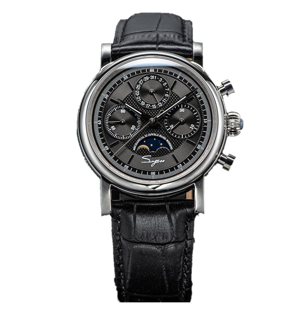 Seestern Sugess ST1908 Mechaniczny chronograf ze stali nierdzewnej czarny szafir data zegarek męski, Czarny, pasek